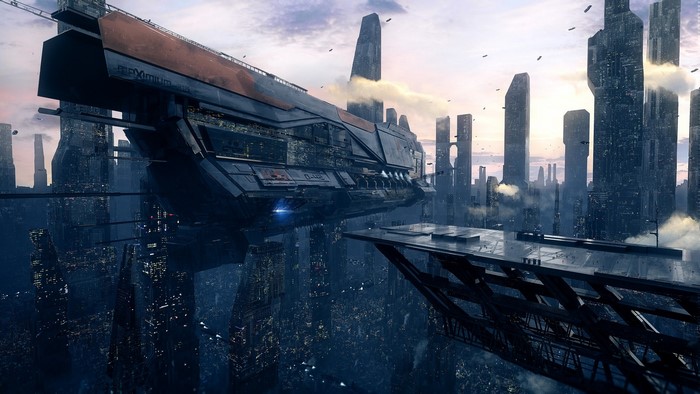 Futuristic city with flying ship and skyscrapers
