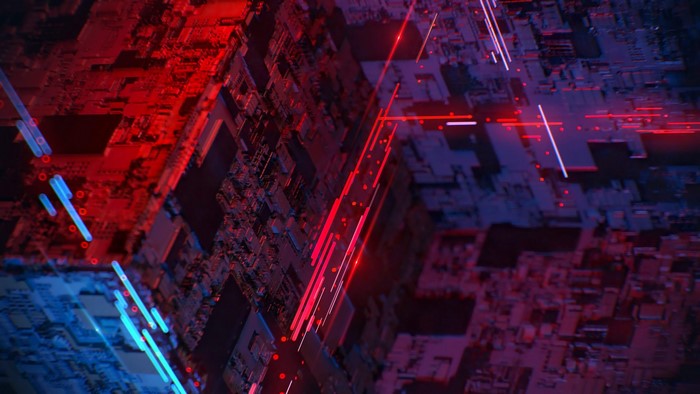 Abstract 3D render of digital circuit board with red and blue lights