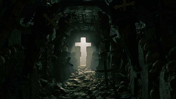 Dark dungeon with skulls and crosses