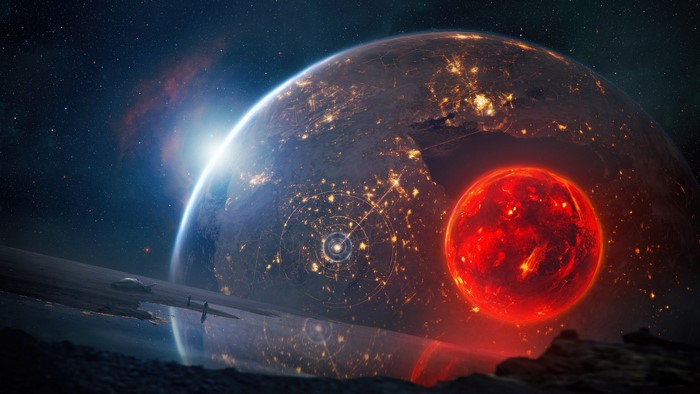 Science fiction planet with ring and red star