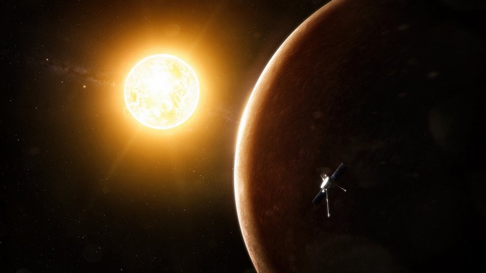 Space art of the sun, Mars, and a spacecraft