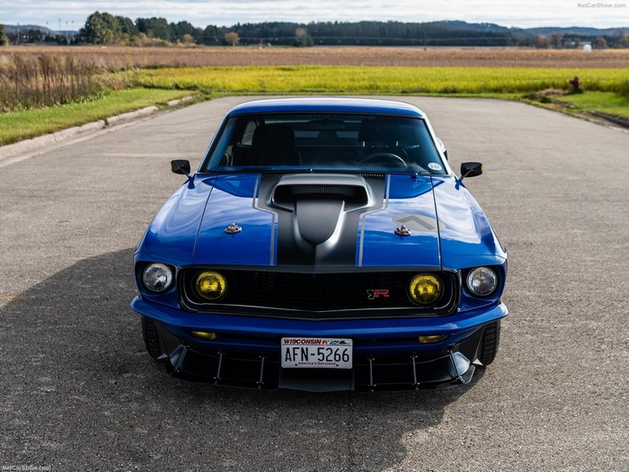 Blue 1969 Ford Mustang Mach 1 UNKL frontal view