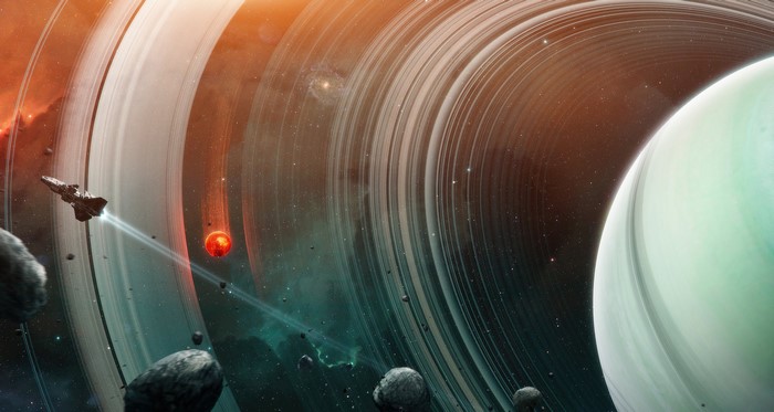Spaceship near a ringed planet and a red celestial body
