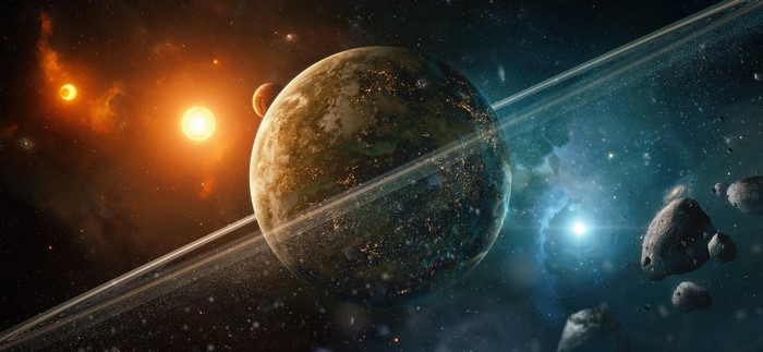 Space art with planets and asteroids