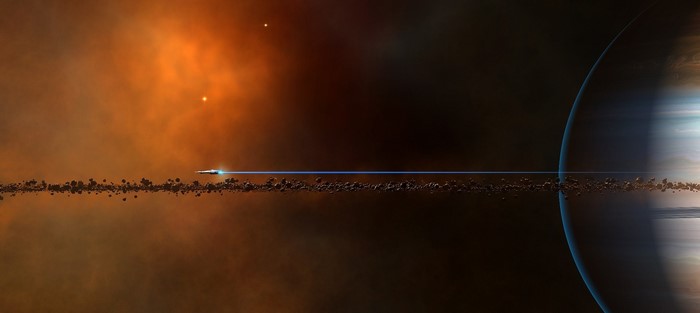 Spaceship flying through asteroid belt near planet