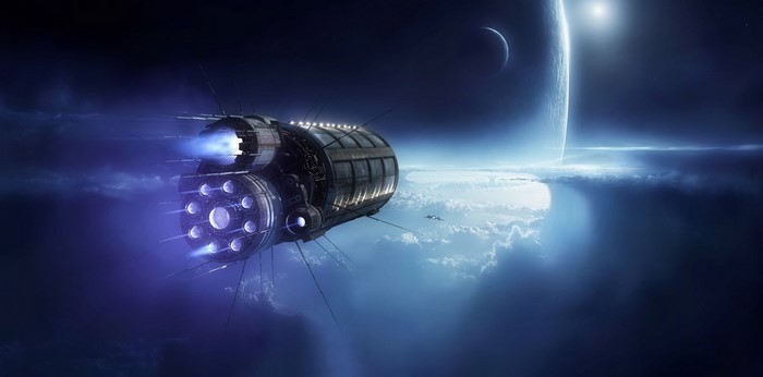 Spaceship flying through clouds near a planet
