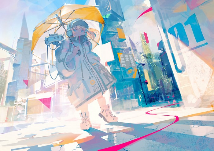 Anime girl with umbrella in futuristic city