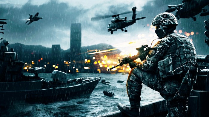 Soldier in a battle with helicopters and ships in Battlefield 4