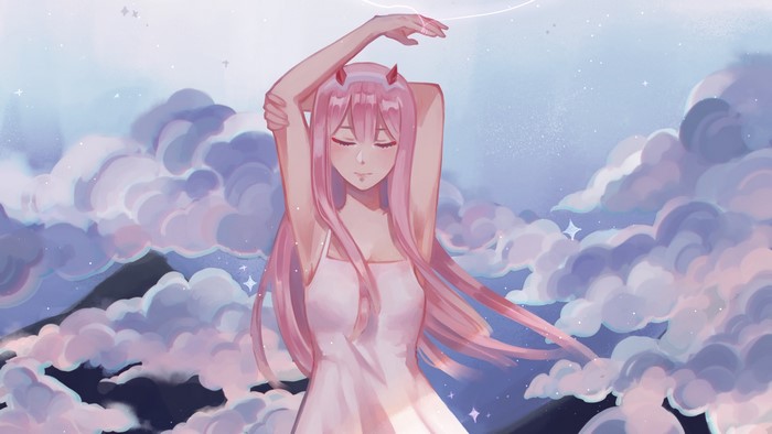 Zero Two from Darling in the FranXX in the clouds