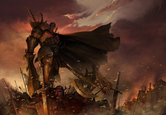 Warrior with battle axe and swords on battlefield