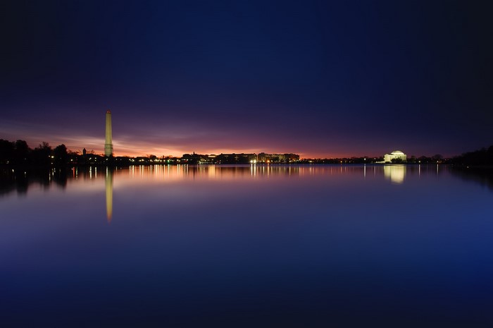 Washington Monument and Jefferson Memorial reflection at sunrise