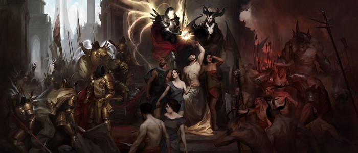 Diablo 4 artwork with angels and demons