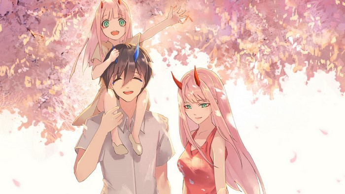 Hiro and Zero Two with a child under cherry blossoms