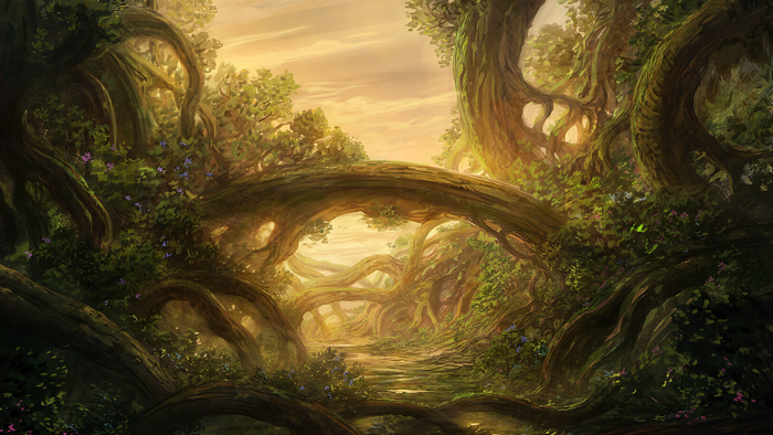 Fantasy forest with ancient trees and sunset light