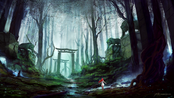 Fantasy forest with ancient ruins and a redhead woman