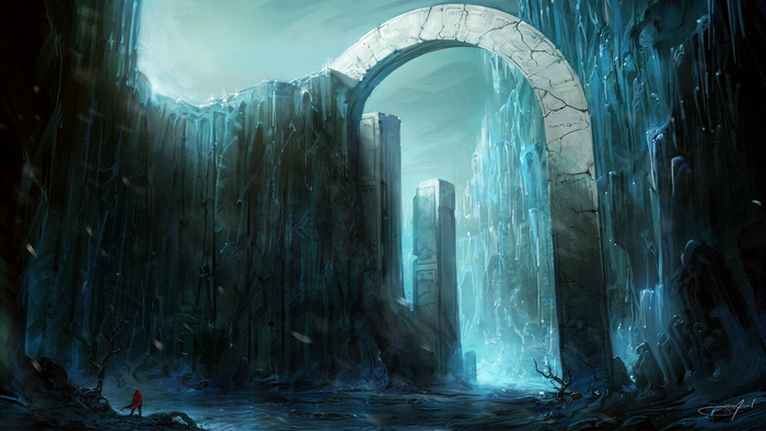 Fantasy ice cave with arch and lone figure