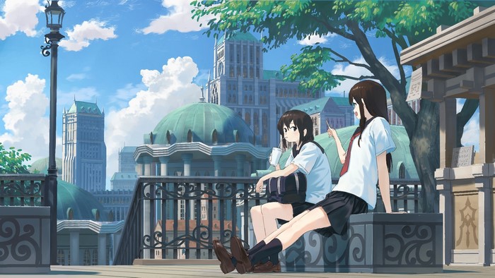 Two anime girls in school uniforms sitting outdoors