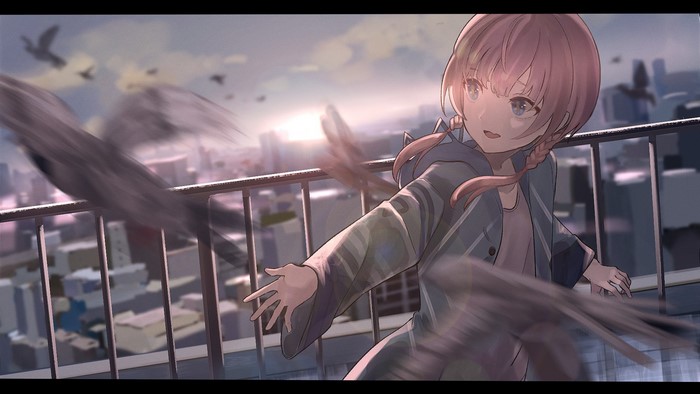 Anime girl with braids on a rooftop with birds
