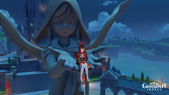Amber from Genshin Impact sits on a statue's hands