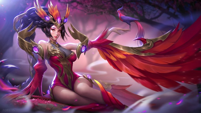 Woman with red and gold phoenix-like attire and bird