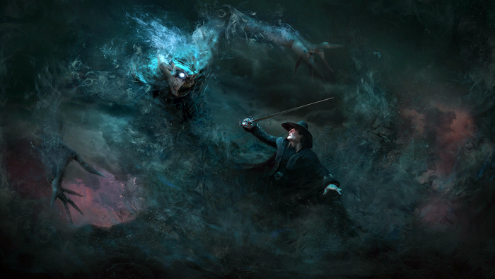 Man in hat fights a monstrous creature with a sword