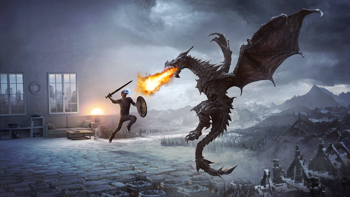 Man in VR headset battles dragon with sword and shield