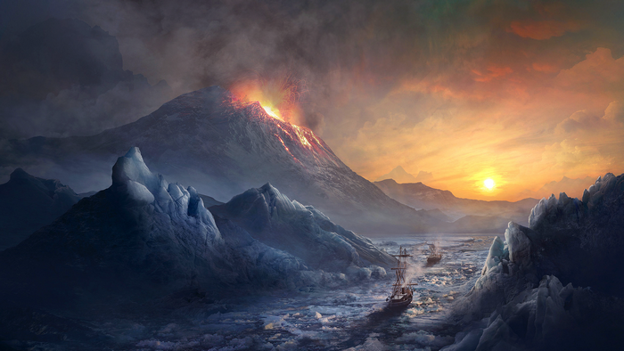 Artwork of a volcano erupting near icebergs with ships sailing