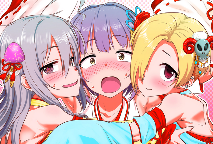 Three anime girls with colorful hair and outfits