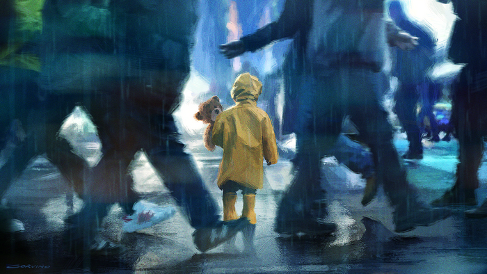 Child in yellow coat holding teddy bear in city street