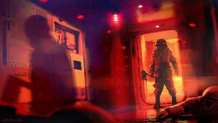 Astronaut with axe and fallen astronaut in red light