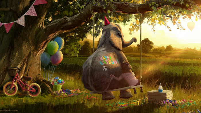 Elephant and girl celebrating birthday with balloons and bicycle
