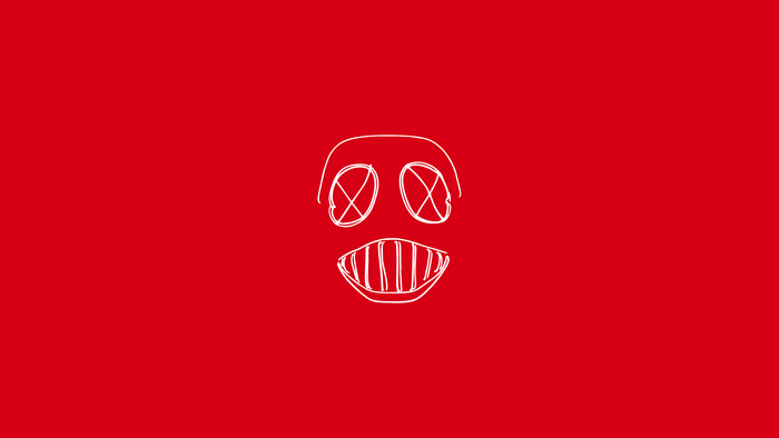 White mask with X eyes and teeth on red background