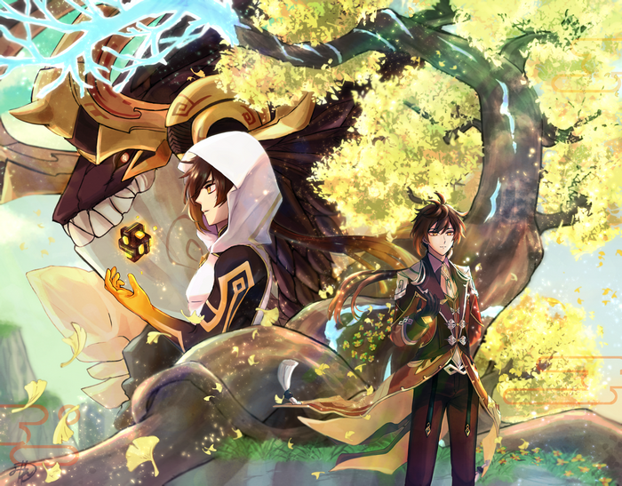Zhongli and Azhdaha under a tree in Genshin Impact