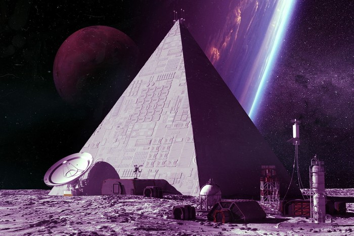Alien pyramid base on a moon with planets in the background