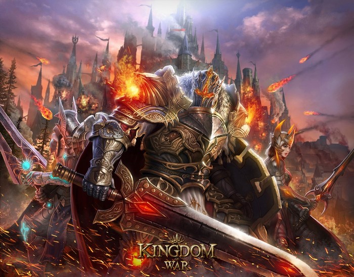 Warriors with swords and shields before a burning castle