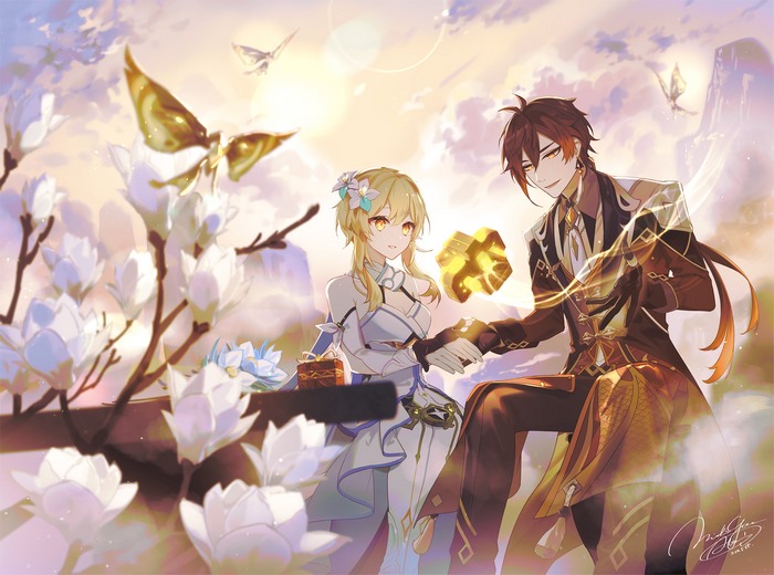 Lumine and Zhongli with butterflies and flowers
