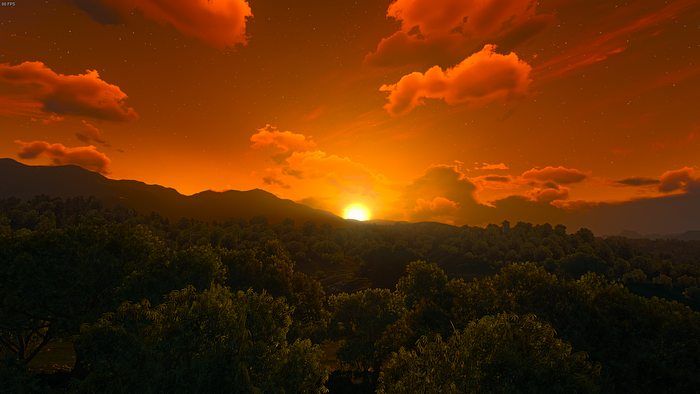 The Witcher 3: Wild Hunt sunset over forest and mountains