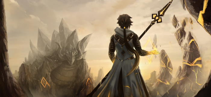 Zhongli Confronts Azhdaha in Epic Landscape