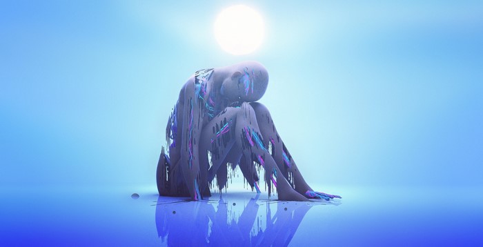 Abstract figure with colorful drips under a bright orb