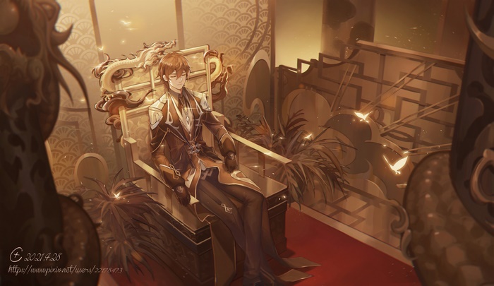 Zhongli (Genshin Impact) sitting on a throne