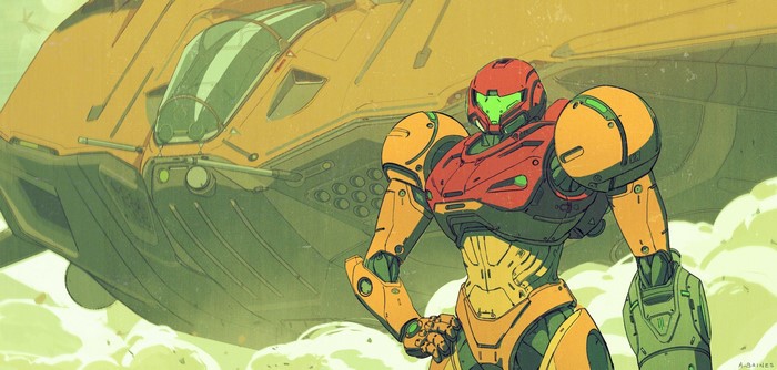 Samus Aran from Metroid with a spaceship