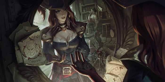 Miss Fortune from League of Legends looking in a cracked mirror