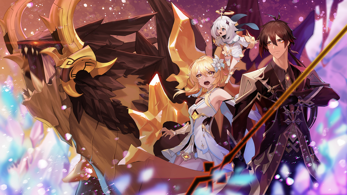 Zhongli, Lumine, Paimon, and Azhdaha in 4K