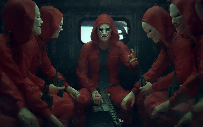 People in red jumpsuits and masks with guns