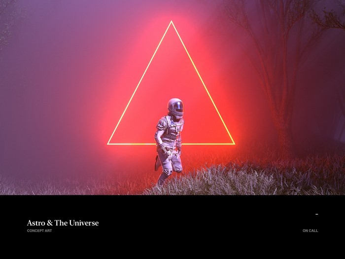 Astronaut in a foggy landscape with a neon triangle