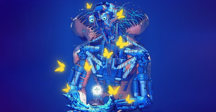 Robot with yellow butterflies on blue background