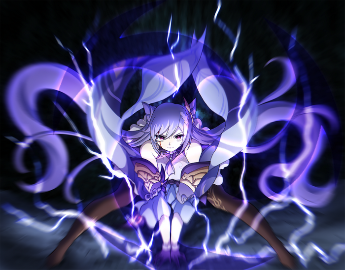 Keqing from Genshin Impact with purple lightning