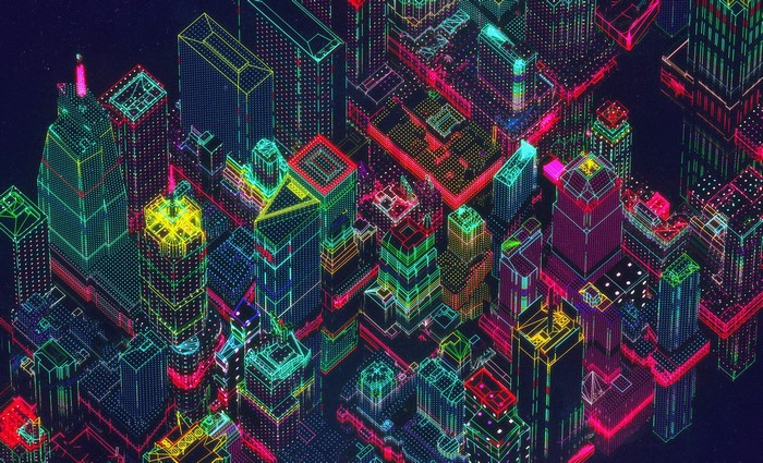 Neon digital art cityscape with synthwave colors