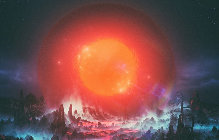 Fantasy artwork of a red giant star over a rocky alien landscape