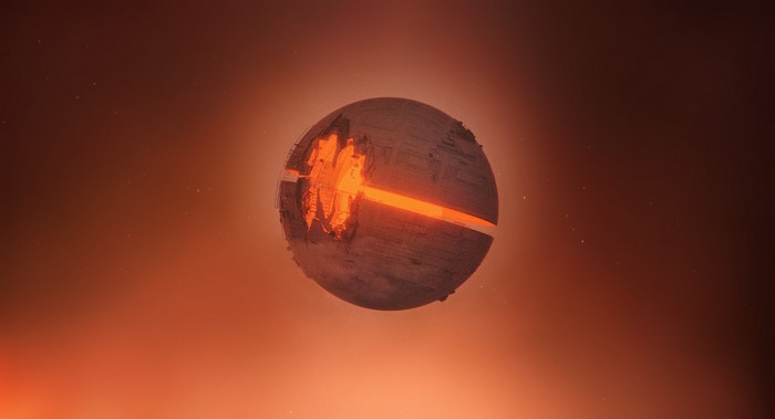 Digital art of a damaged spherical space station with glowing orange interior